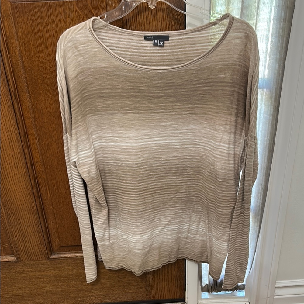 Vince Relaxed Ribbed Long Sleeve Blouse in Tan and Cream